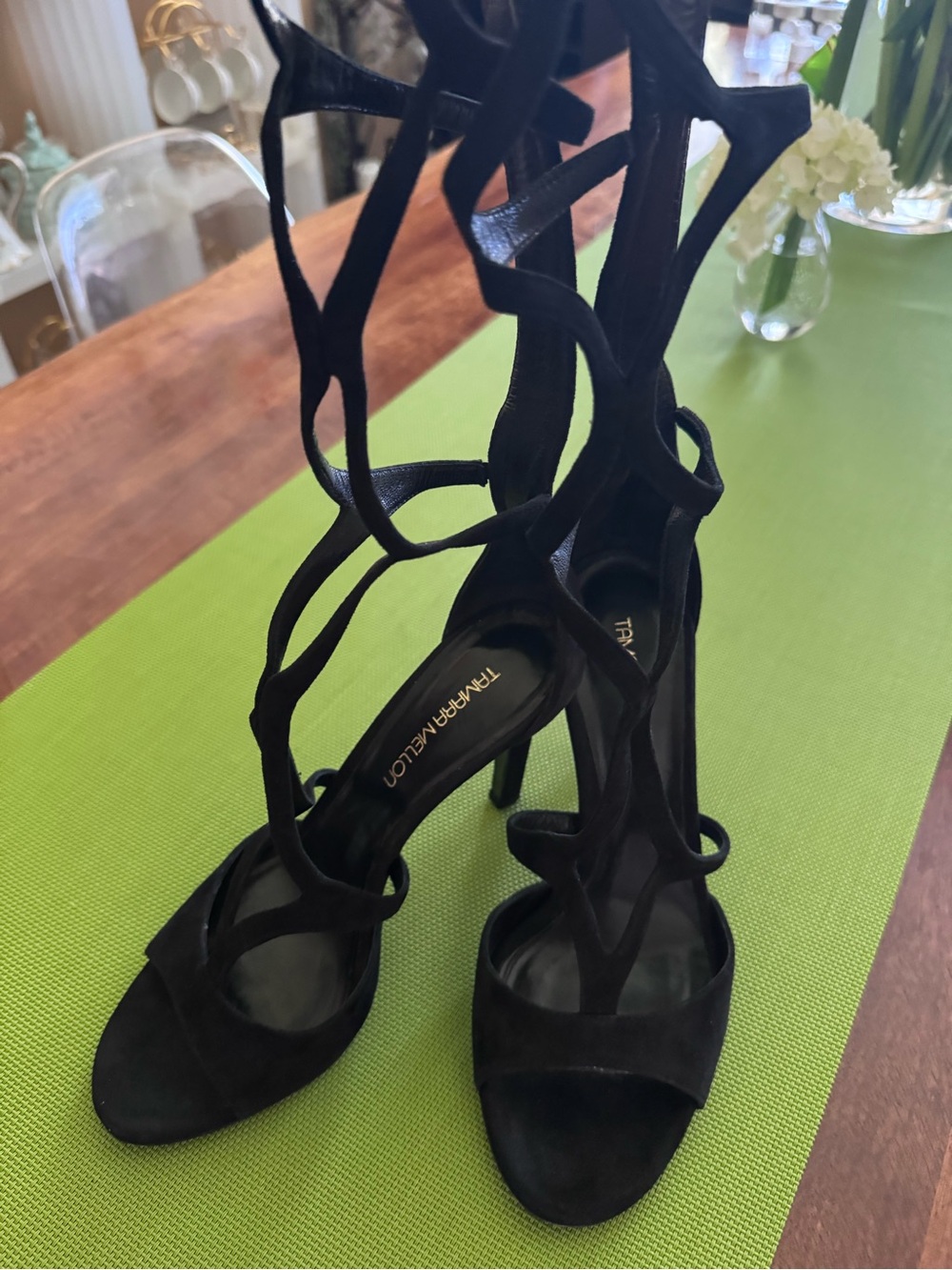 Tamara Mellon Black Suede Sculptural Strappy High Heels - Picture 2 of 16